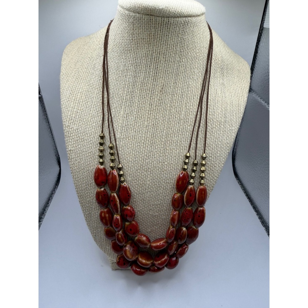 Coldwater Creek Layered Red Ceramic Bead Necklace Bronze Tone Accent Cord‎